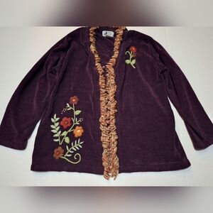 VTG Sweater Chenille Embroidered Cardigan XL.Purple Floral Womens 90s Y2K JTWO